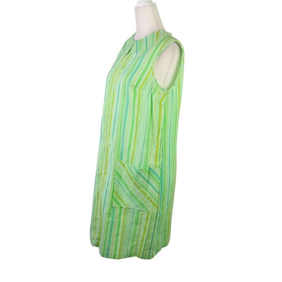 Vintage 60s Sears Perma-Prest Green Striped Mini House Dress S - Picture 3 of 5